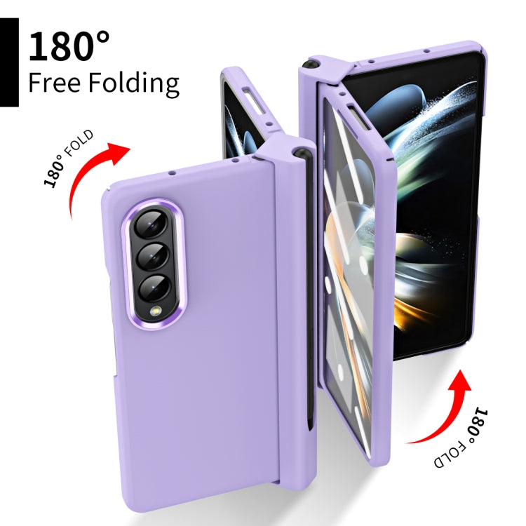 For Samsung Galaxy Z Fold4 Skin Feel Two-color Contact Lens Hinge Flip Phone Case with Pen Slot(Purple) by buy2fix