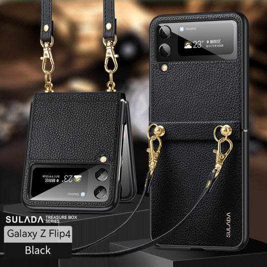 For Samsung Galaxy Z Flip4 SULADA Litchi Texture Leather + TPU Phone Case with Strap(Black) by SULADA