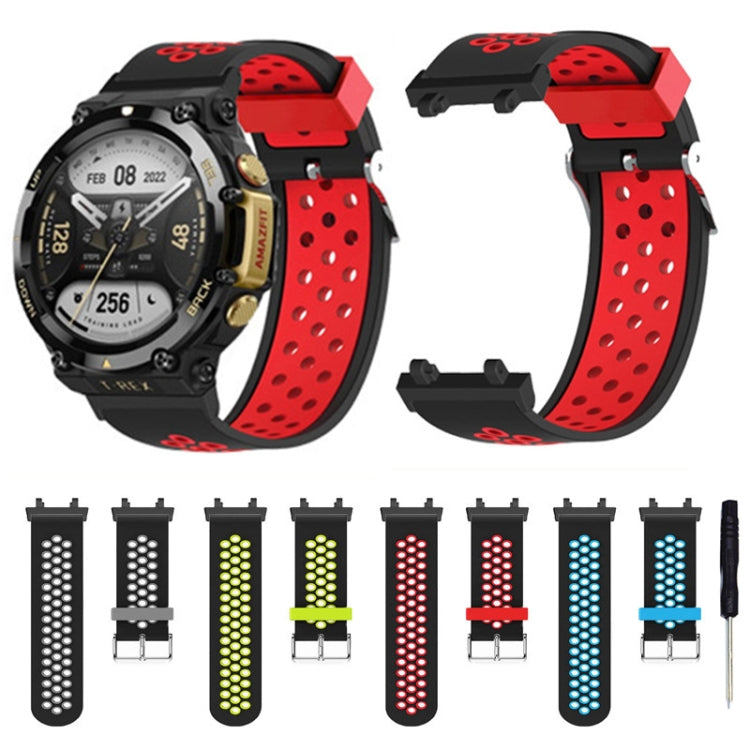 For Amazfit T-Rex 2 3-Row Holes Two-color Silicone Watch Band(Black Red) by buy2fix