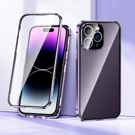 For iPhone 14 Pro Magnetic Double-buckle HD Tempered Glass Phone Case(Purple) by buy2fix