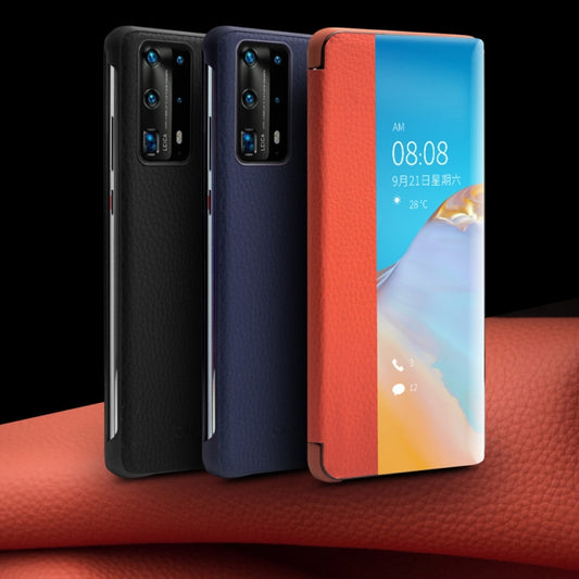 For Huawei P40 QIALINO Litchi Texture Side Window View Leather Phone Case(Black) by QIALINO