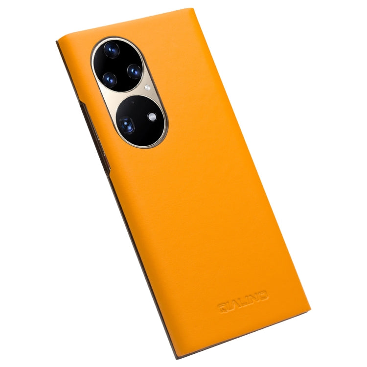 For Huawei P50 Pro QIALINO Magnetic Side Window View Genuine Leather Smart Phone Case(Orange) by QIALINO