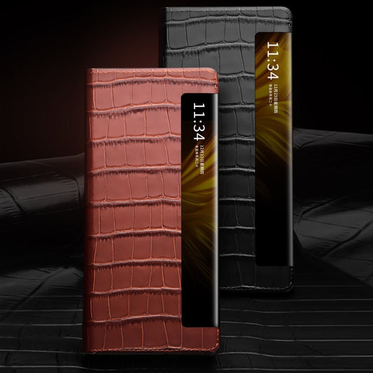 For Huawei Mate X2 QIALINO Crocodile Pattern Side Window View Genuine Leather Phone Case(Brown) by QIALINO