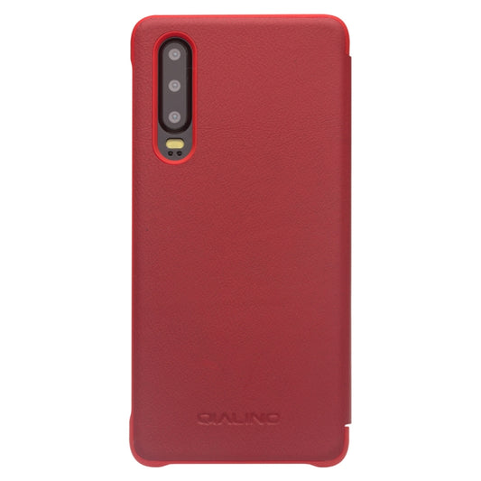 For Huawei P30 QIALINO Genuine Leather Side Window View Smart Phone Case(Red) by QIALINO