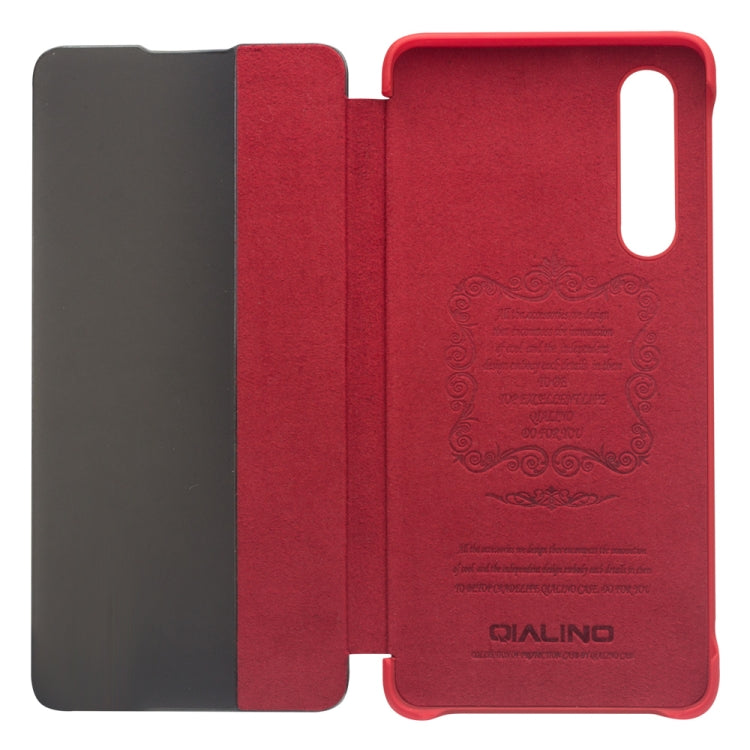 For Huawei P30 QIALINO Genuine Leather Side Window View Smart Phone Case(Red) by QIALINO