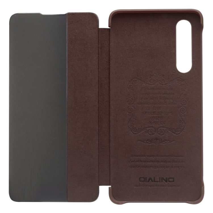 For Huawei P30 QIALINO Genuine Leather Side Window View Smart Phone Case(Brown) by QIALINO
