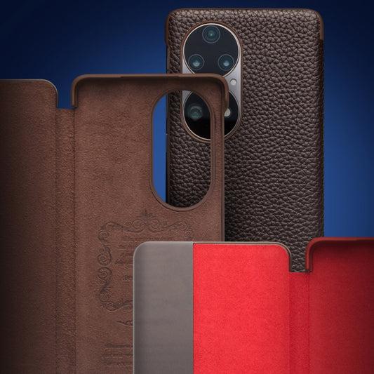 For Huawei P50 Pro QIALINO Genuine Leather Side Window View Smart Phone Case(Brown) by QIALINO