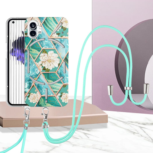For Nothing Phone 1 Electroplating Splicing Marble Flower Pattern TPU Shockproof Case with Lanyard(Blue Flower) by buy2fix