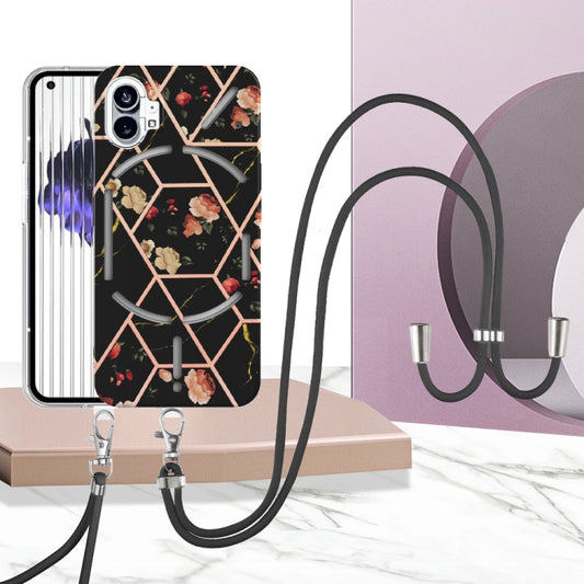 For Nothing Phone 1 Electroplating Splicing Marble Flower Pattern TPU Shockproof Case with Lanyard(Black Flower) by buy2fix