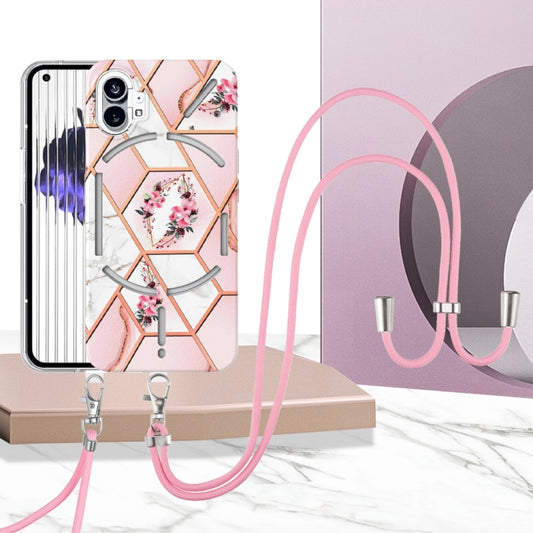 For Nothing Phone 1 Electroplating Splicing Marble Flower Pattern TPU Shockproof Case with Lanyard(Pink Flower) by buy2fix