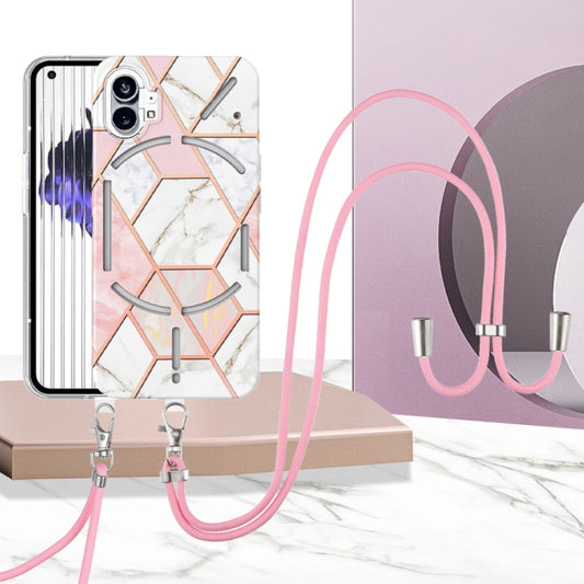 For Nothing Phone 1 Electroplating Splicing Marble TPU Phone Case with Lanyard(Pink White) by buy2fix