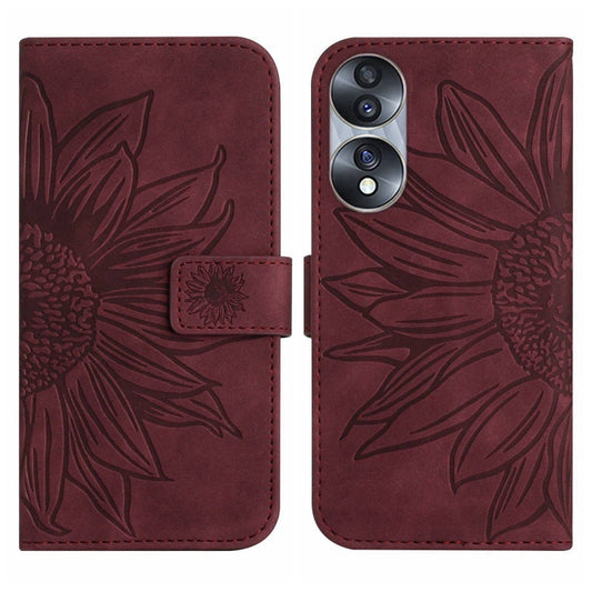 For Honor 70 Skin Feel Sun Flower Pattern Flip Leather Phone Case with Lanyard(Wine Red) by buy2fix
