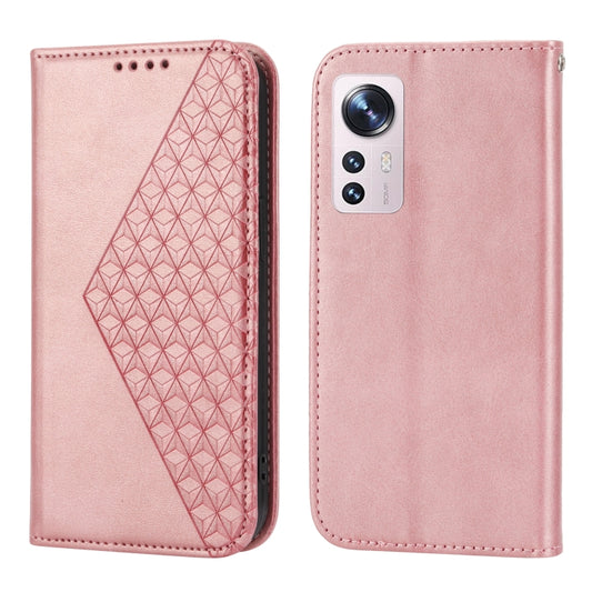 For Xiaomi 12/12X/12S Cubic Grid Calf Texture Magnetic Closure Leather Phone Case(Rose Gold) by buy2fix