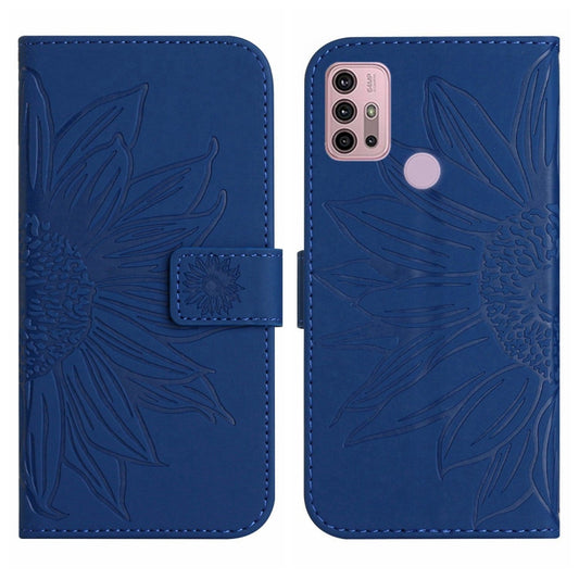 For Motorola Moto G10/G20/G30 Skin Feel Sun Flower Pattern Flip Leather Phone Case with Lanyard(Dark Blue) by buy2fix