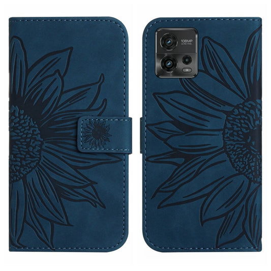 For Motorola Moto G72 5G Skin Feel Sun Flower Pattern Flip Leather Phone Case with Lanyard(Inky Blue) by buy2fix