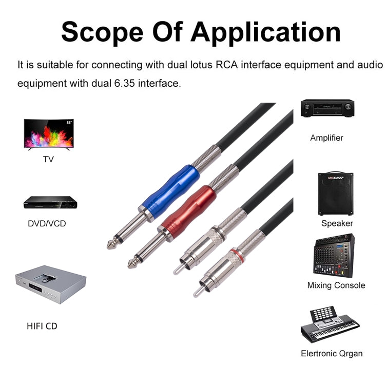 3051K63 Dual RCA Male to Dual 6.35mm 1/4 inch Male Mixer Audio Cable, Length:2m by buy2fix