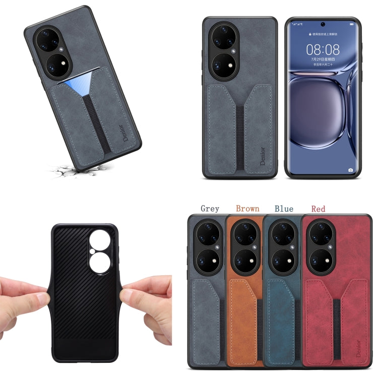 For Huawei P50 Pro Denior DV Elastic Card PU Back Cover Phone Case(Brown) by Denior