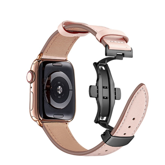Butterfly Buckle Genuine Leather Watch Band For Apple Watch Ultra 49mm&Watch Ultra 2 49mm / Series 9&8&7 45mm / SE 3&SE 2&6&SE&5&4 44mm / 3&2&1 42mm(Light Pink+Black Buckle) by buy2fix