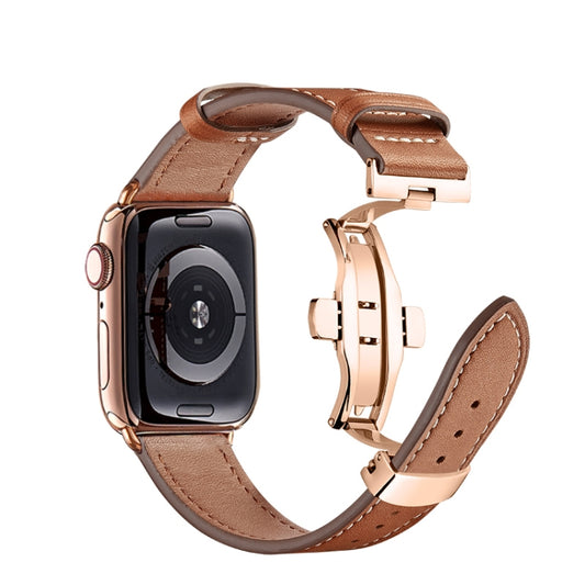Butterfly Buckle Genuine Leather Watch Band For Apple Watch Ultra 49mm&Watch Ultra 2 49mm / Series 9&8&7 45mm / SE 3&SE 2&6&SE&5&4 44mm / 3&2&1 42mm(Brown+Rose Gold Buckle) by buy2fix