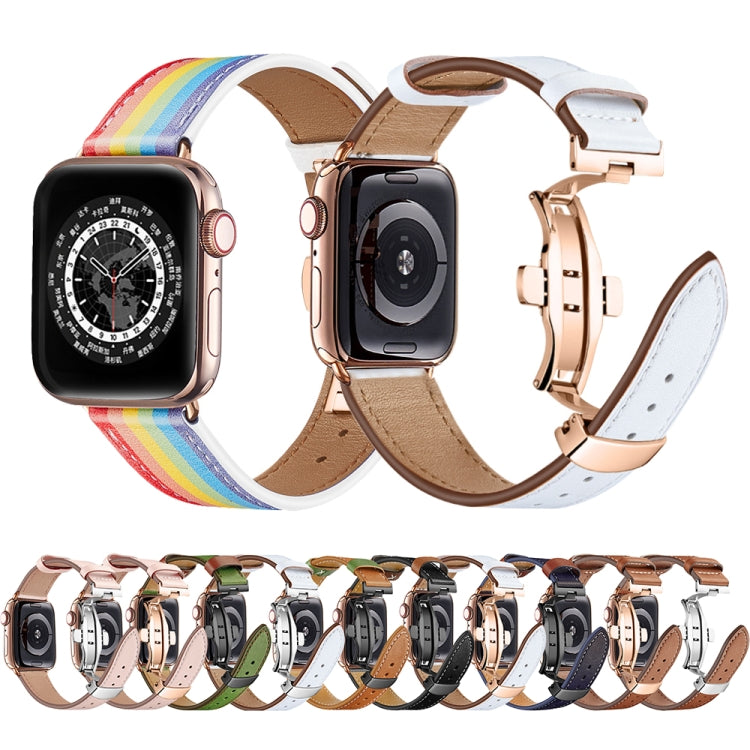 Butterfly Buckle Genuine Leather Watch Band For Apple Watch Ultra 49mm&Watch Ultra 2 49mm / Series 9&8&7 45mm / SE 3&SE 2&6&SE&5&4 44mm / 3&2&1 42mm(Brown+Silver Buckle) by buy2fix