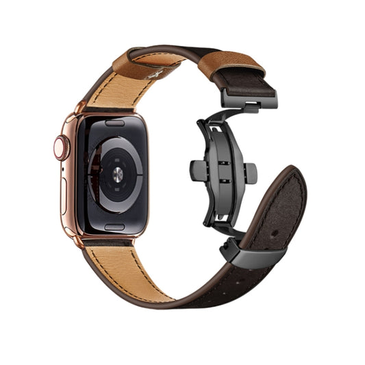Butterfly Buckle Genuine Leather Watch Band For Apple Watch Series 9&8&7 41mm / SE 3&SE 2&6&SE&5&4 40mm / 3&2&1 38mm(Coffee+Black Buckle) by buy2fix