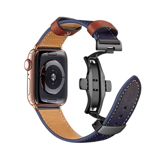 Butterfly Buckle Genuine Leather Watch Band For Apple Watch Series 9&8&7 41mm / SE 3&SE 2&6&SE&5&4 40mm / 3&2&1 38mm(Blue+Black Buckle) by buy2fix