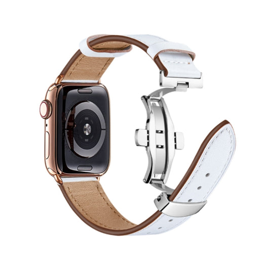 Butterfly Buckle Genuine Leather Watch Band For Apple Watch Series 9&8&7 41mm / SE 3&SE 2&6&SE&5&4 40mm / 3&2&1 38mm(Rainbow+Silver Buckle) by buy2fix
