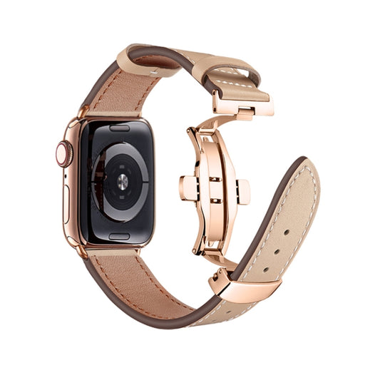 Butterfly Buckle Genuine Leather Watch Band For Apple Watch Series 9&8&7 41mm / SE 3&SE 2&6&SE&5&4 40mm / 3&2&1 38mm(Apricot+Rose Gold Buckle) by buy2fix