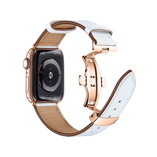 Butterfly Buckle Genuine Leather Watch Band For Apple Watch Series 9&8&7 41mm / SE 3&SE 2&6&SE&5&4 40mm / 3&2&1 38mm(Rainbow+Rose Gold Buckle) by buy2fix