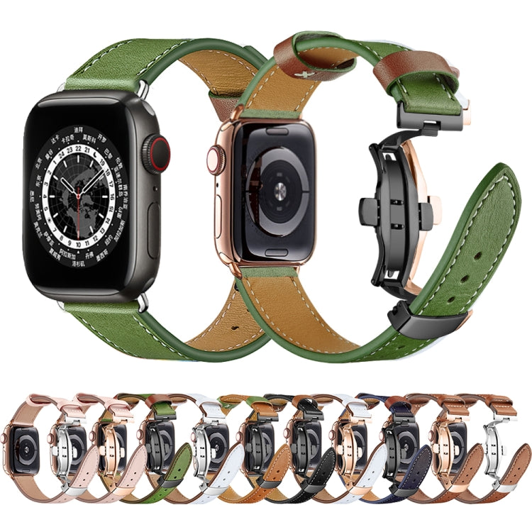 Butterfly Buckle Genuine Leather Watch Band For Apple Watch Series 9&8&7 41mm / SE 3&SE 2&6&SE&5&4 40mm / 3&2&1 38mm(Coffee+Black Buckle) by buy2fix