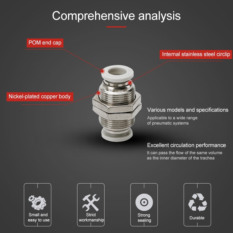 PM-4 LAIZE PM Bulkhead Straight Pneumatic Quick Fitting Connector by LAIZE