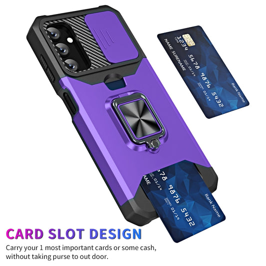 For Samsung Galaxy A14 5G Sliding Camshield Phone Case with Ring Holder & Card Slot(Purple) by buy2fix