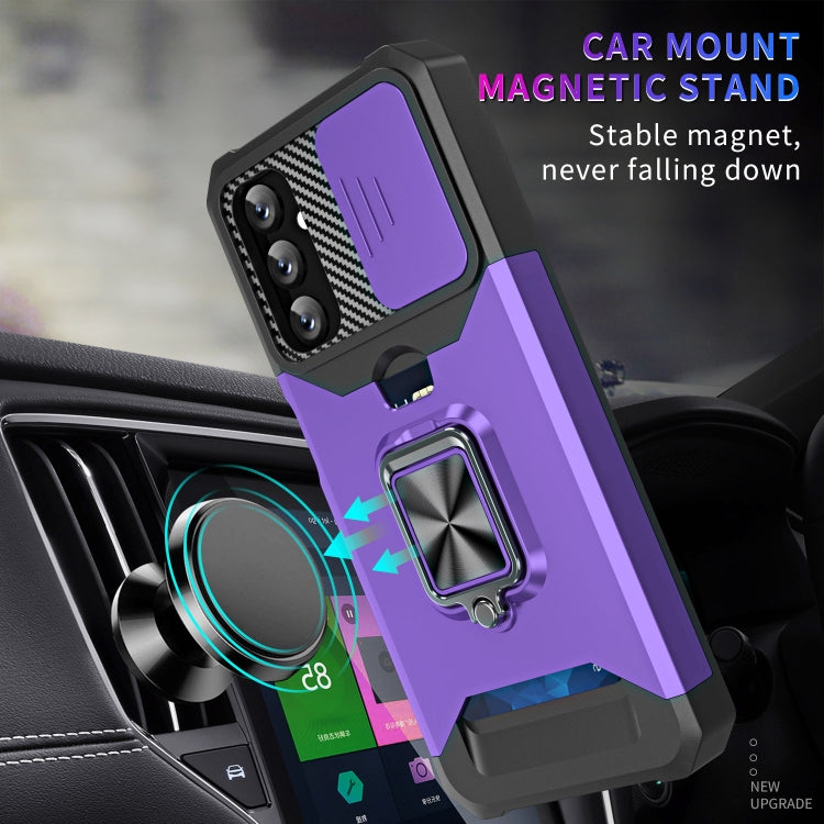 For Samsung Galaxy A14 5G Sliding Camshield Phone Case with Ring Holder & Card Slot(Purple) by buy2fix