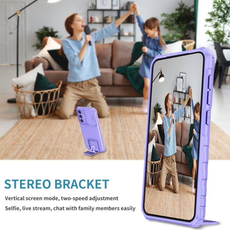 For Samsung Galaxy S23 5G Stereoscopic Holder Sliding Camshield Phone Case(Purple) by buy2fix