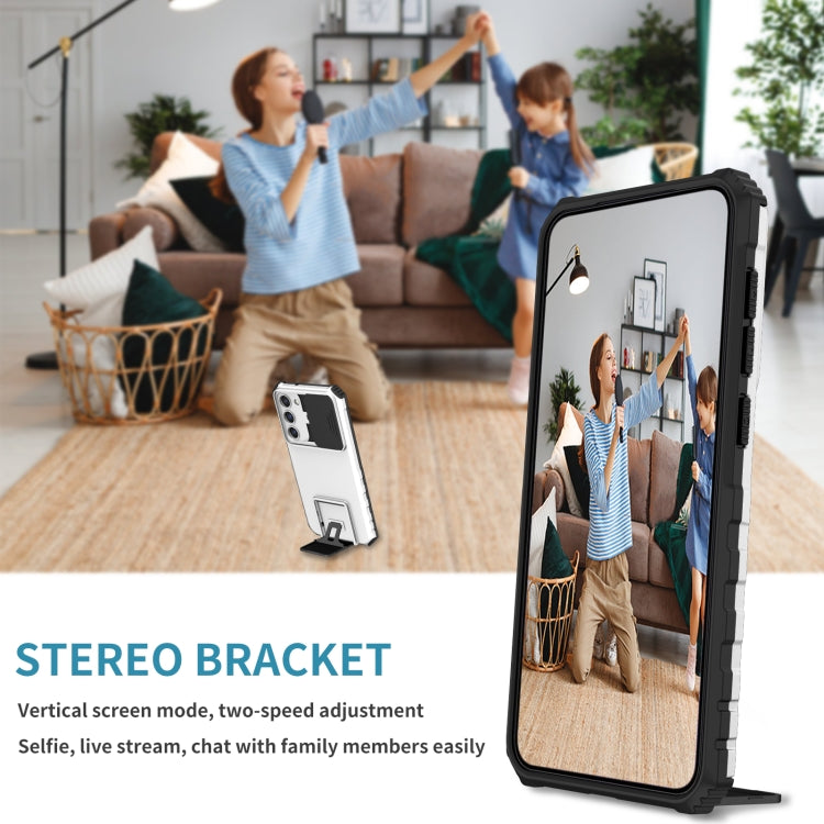 For Samsung Galaxy S23 5G Stereoscopic Holder Sliding Camshield Phone Case(White) by buy2fix