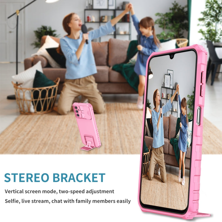 For Samsung Galaxy A14 5G Stereoscopic Holder Sliding Camshield Phone Case(Pink) by buy2fix
