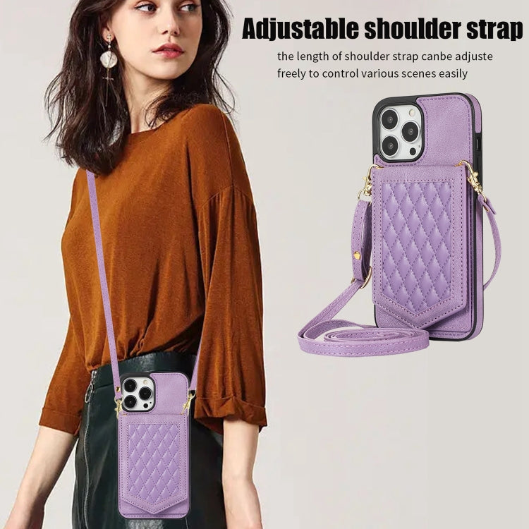 For iPhone 13 mini Rhombic Texture RFID Phone Case with Lanyard & Mirror(Purple) by buy2fix