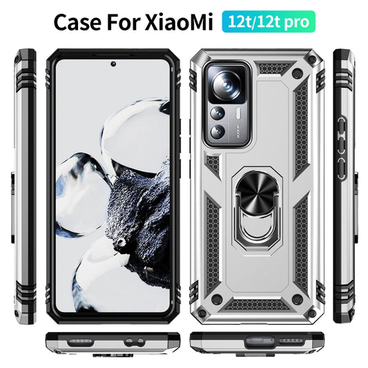 For Xiaomi 12T / 12T Pro Shockproof TPU + PC Phone Case with Holder(Silver) by buy2fix