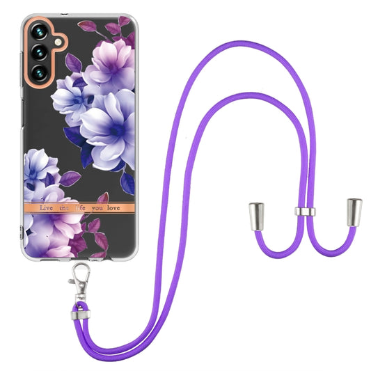 For Samsung Galaxy A14 5G Flowers and Plants Series IMD TPU Phone Case with Lanyard(Purple Begonia) by buy2fix