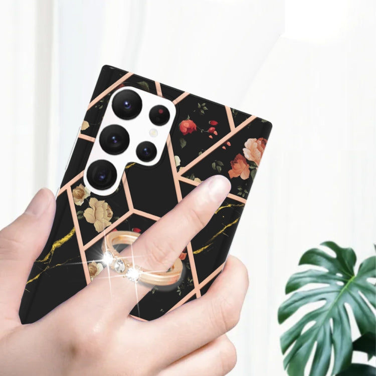 For Samsung Galaxy S23 Ultra 5G Splicing Marble Flower IMD TPU Phone Case with Ring Holder(Black Flower) by buy2fix