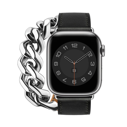 Double Loop Genuine Leather Stainless Steel Watch Band For Apple Watch Ultra 49mm&Watch Ultra 2 49mm / Series 9&8&7 45mm / SE 3&SE 2&6&SE&5&4 44mm / 3&2&1 42mm(Black) by buy2fix