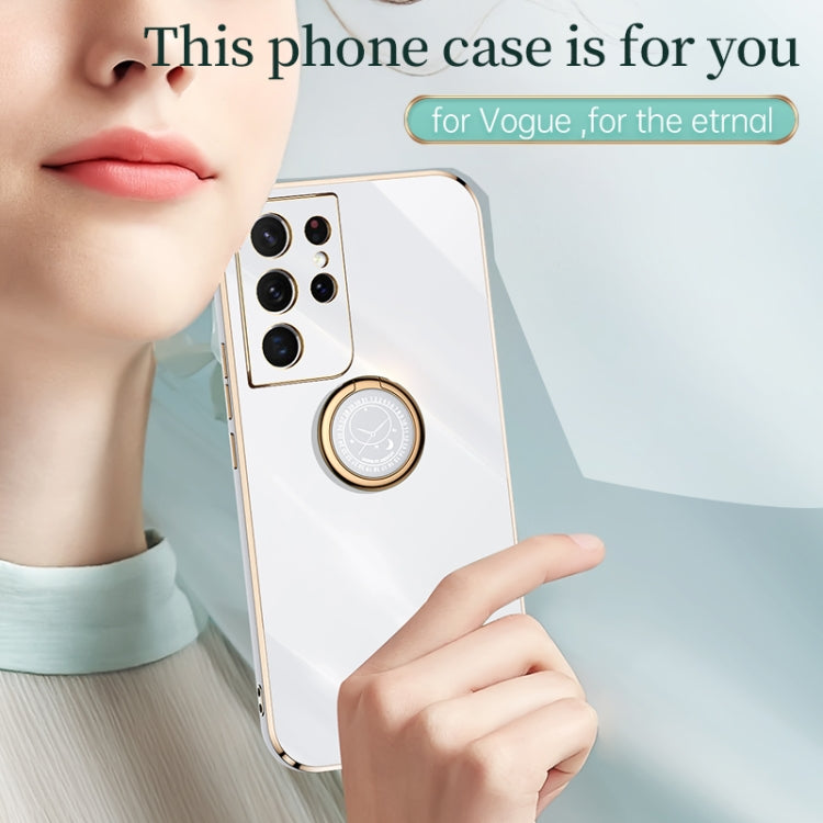 For Samsung Galaxy S21 Ultra 5G XINLI Straight Edge 6D Electroplate TPU Phone Case with Ring Holder(Cherry Purple) by XINLI