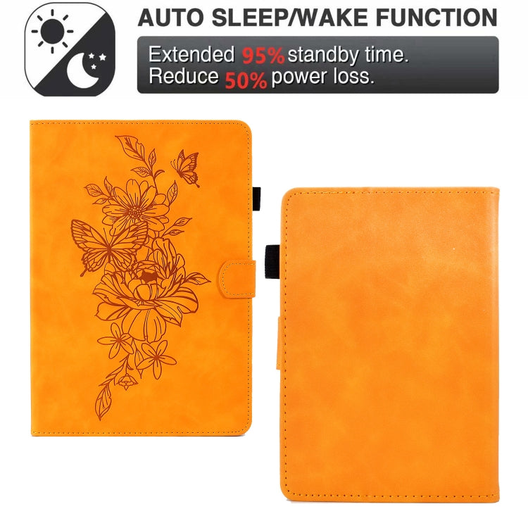 For Amazon Kindle 11th 2024 / 2022 Peony Butterfly Embossed Leather Smart Tablet Case(Khaki) by buy2fix
