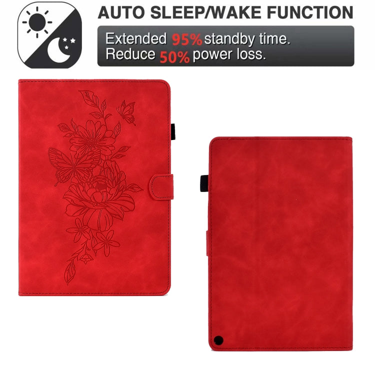 For Amazon Kindle Fire HD10 2021 Peony Butterfly Embossed Leather Smart Tablet Case(Red) by buy2fix