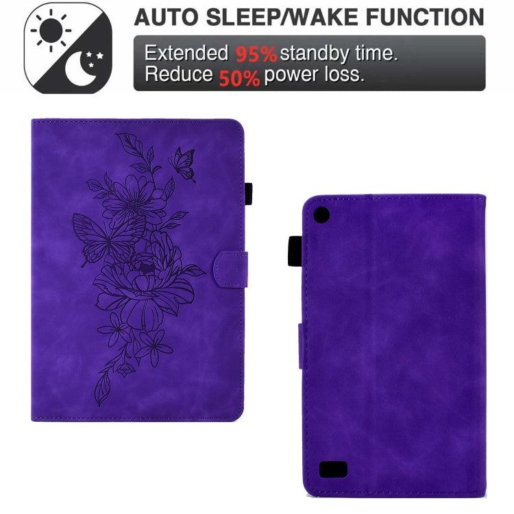 For Amazon Kindle Fire 7 2019/2017/2015 Peony Butterfly Embossed Leather Smart Tablet Case(Purple) by buy2fix