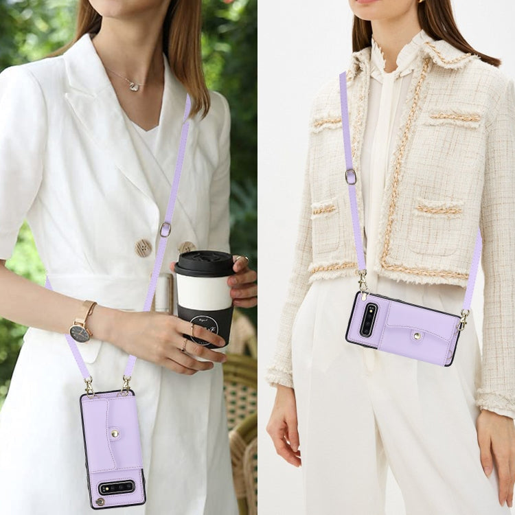 For Samsung Galaxy S10 RFID Card Slot Leather Phone Case with Long Lanyard(Purple) by buy2fix