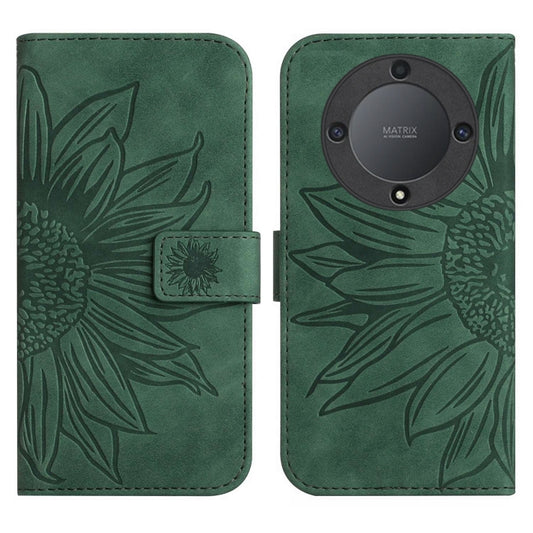 For Honor X9a 5G / Magic5 Lite Skin Feel Sun Flower Embossed Flip Leather Phone Case with Lanyard(Green) by buy2fix