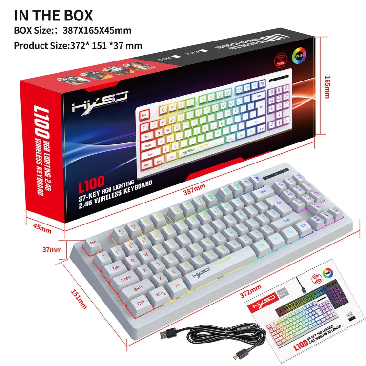 HXSJ L100 87 Keys RGB Backlit Film 2.4G Wireless Keyboard(White) by HXSJ