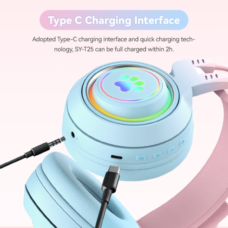 T25 RGB Stereo Cat Ear Bluetooth Wireless Headphones with Detachable Microphone(Pink+Blue) by buy2fix