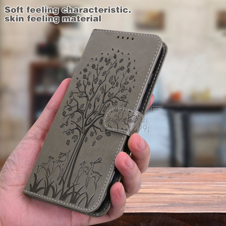 For Samsung Galaxy A54 5G Tree & Deer Pattern Pressed Printing Horizontal Flip Leather Phone Case(Grey) by buy2fix
